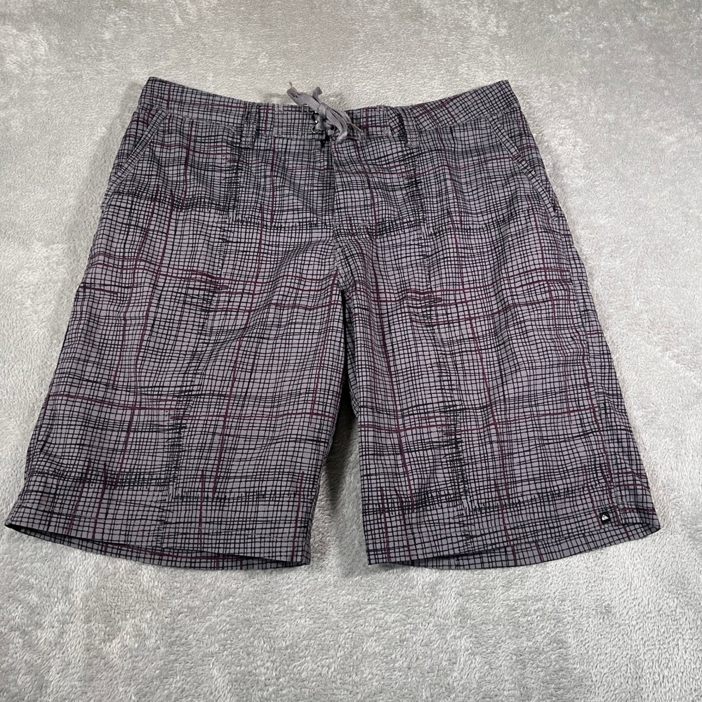 Quiksilver Shorts Mens Size 34 Gray Plaid Hybrid Casual Drawstring Quickdry